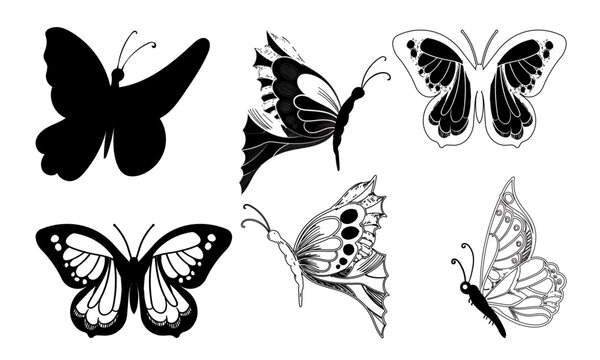 Butterfly icon graphic black white isolated sketch illustration vector. Modern seamless pattern of monarch butterfly contours on white background