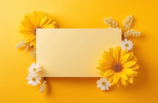 banner for a greeting card in yellow tones surrounded by flowers