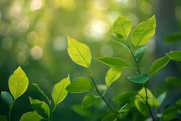 Isolated cluster of green leaves swaying in a blur bokeh background. Nature's tranquil dance.