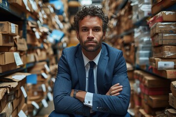 Obraz premium Man in Suit and Tie Sitting in Front of Stacks of Boxes