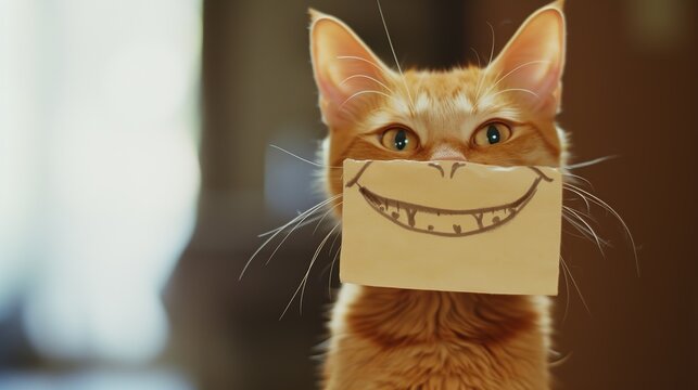 A playful ginger cat peeks from behind a paper, creating an adorable and whimsical image. Ideal for pet blogs, animal welfare content, and humorous social media posts.