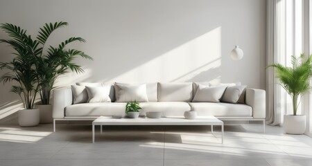  Modern minimalist living room with white furniture and natural light