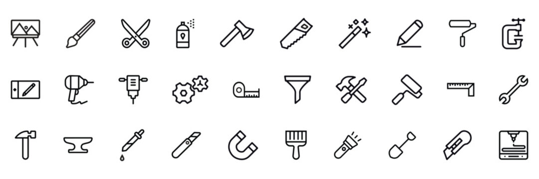 Repair line icon set. Screwdriver, Wrench, Hammer. saw. Automatic service. Vector. eps 10