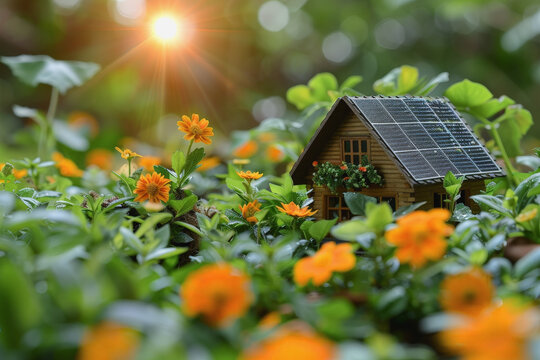 Green energy photo with blurred background There is a small wooden house, copy space. AI Generated