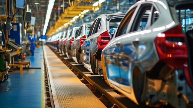 Mass production assembly line of modern cars in a busy factory