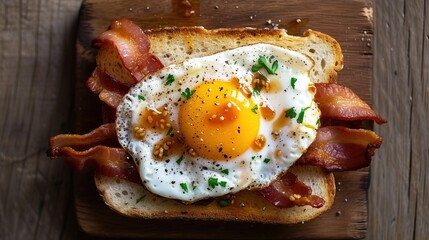 An appetizing overhead shot of a gourmet open-faced sandwich with crispy bacon and a sunny-side-up egg on toast, a perfect representation of a hearty breakfast