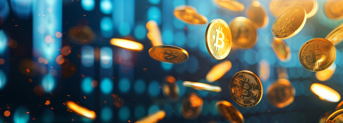 close up golden bitcoin coins pattern flying pattern on a stock exchange graphics background