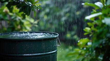 Generative AI, rainwater harvesting system in the garden with barrel, ecological reusing water concept  - obrazy, fototapety, plakaty