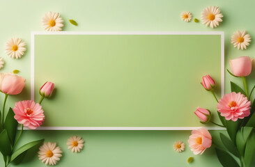 Banner for greeting card surrounded by flowers on green background