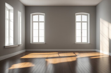 Obraz premium Empty Room with Hardwood Floor and Sunlight Shadows Through Windows