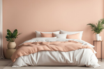 Cozy Bedroom Interior with Plush Peach Bedding and Lush Greenery