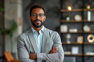 Fototapeta premium Businessman in Suit and Glasses Standing With Arms Crossed