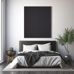 Empty photo frame on white wall in modern minimalist bedroom