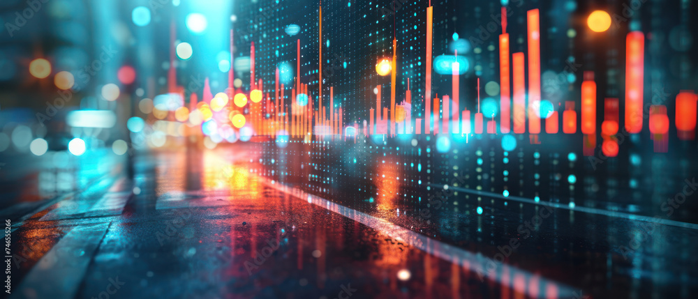 Aufkleber Illuminated data analytics concept superimposed over a cityscape at dusk, representing the intersection of urban life and the digital economy