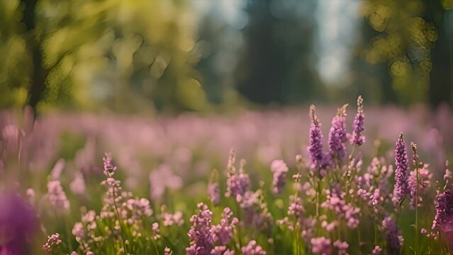 Field covered in purple flowers with tall trees in the background, creating a picturesque natural scene