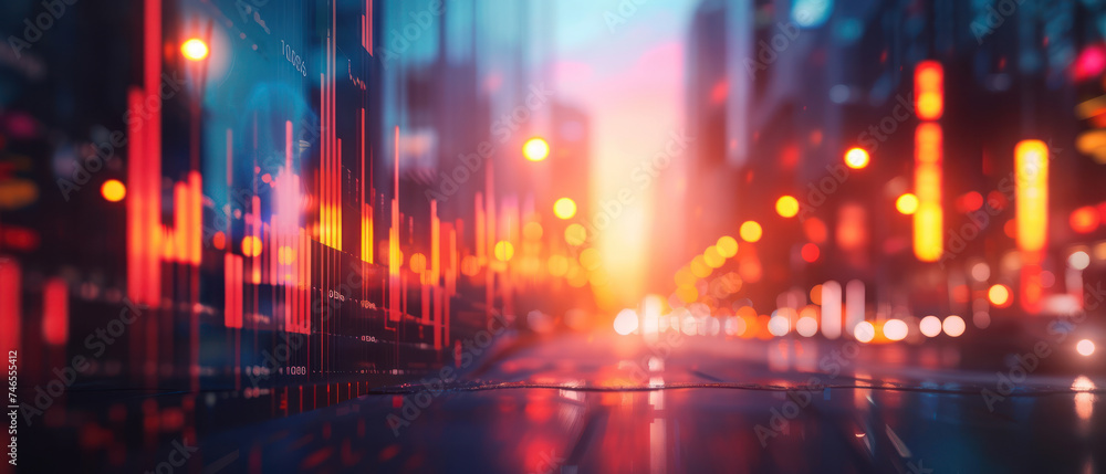 Poster Illuminated data analytics concept superimposed over a cityscape at dusk, representing the intersection of urban life and the digital economy