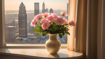 Vase flowers, looking outside view window.