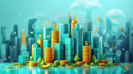 financial landscape of rising bar graphs and stacked coins amidst lush greenery, symbolizing economic growth, sustainability, and prosperous investment strategies in a vibrant, eco-friendly setting