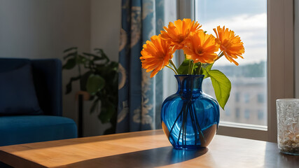 Vase flowers, looking outside view window.