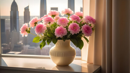 Obraz na płótnie Canvas Vase flowers, looking outside view window.