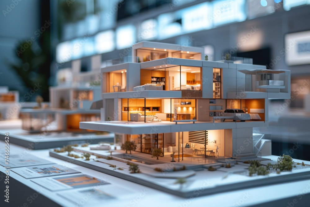 Poster elegantly displays an architectural model of a contemporary house, highlighting the intricate interi
