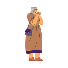 Praying elderly woman putting palms together with the cross vector illustration, Christian religious person pray to God