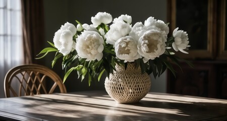  Elegant simplicity - A bouquet of white flowers in a woven vase - obrazy, fototapety, plakaty