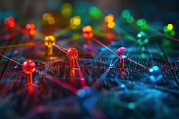 Abstract futuristic wave with colorful lines connecting dots. digital data communication background, cyber plexus design. Big data visualization.