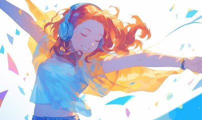 Happy dancing girl in headphones, painted anime style