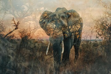 An elephant overlaid with the texture of the savanna at sunset in a double exposure