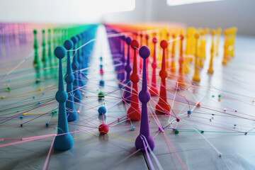 Obraz premium Abstract futuristic wave with colorful lines connecting dots. digital data communication background, cyber plexus design. Big data visualization.