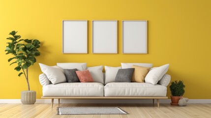 three Blank poster frame on wall in modern interior