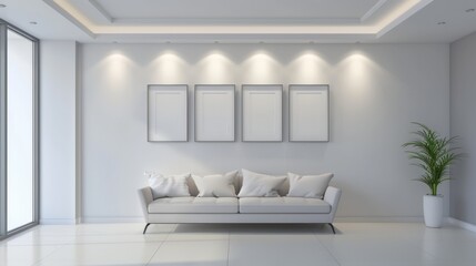 Fototapeta na wymiar Four Blank poster frame on wall in modern interior