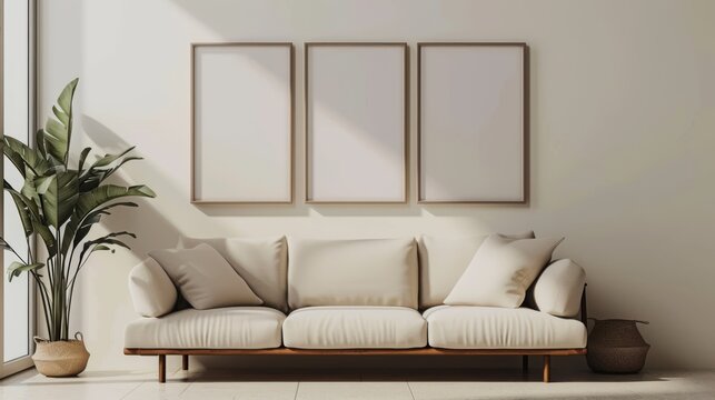 three Blank poster frame on wall in modern interior