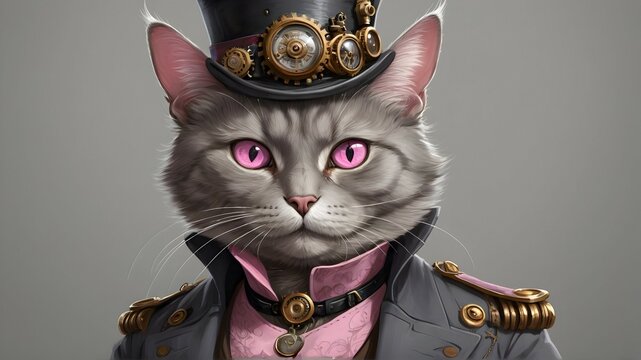 "A stunning digital painting of an elderly Russian cat, with a solid grey coat and piercing pink eyes, adorned in a steampunk-inspired illustrator outfit. This unique and visually description.