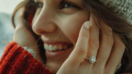 Detailed shot of a young woman wearing a diamond ring on her left ring finger, representing happiness following a marriage proposal. - obrazy, fototapety, plakaty