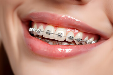 Obraz premium Closeup of smiling woman mouth with dental braces