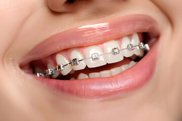 Obraz premium Closeup of smiling woman mouth with dental braces