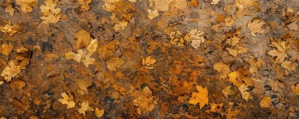 Close-Up of Woodland ground, covered in Golden Autumn Leaves. Fall Themed Nature Background.