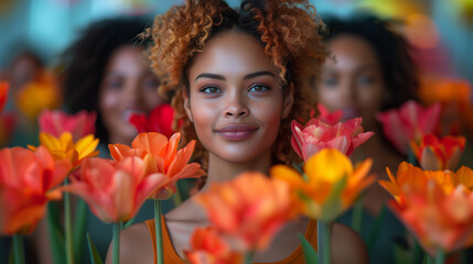 Naklejka premium A group of women standing next to each other holding gerbera flowers. Flower symbolizing growth and success. International Women’s day