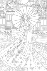 coloring book page for adults and kids. Beautiful chinese girl w - 746556495