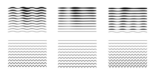 Set of wavy curves and zigzag intersecting horizontal strokes. Transition from a straight line to a wavy one. Black wiggle lines. Geometric design elements for your projects. Vector illustration. - obrazy, fototapety, plakaty