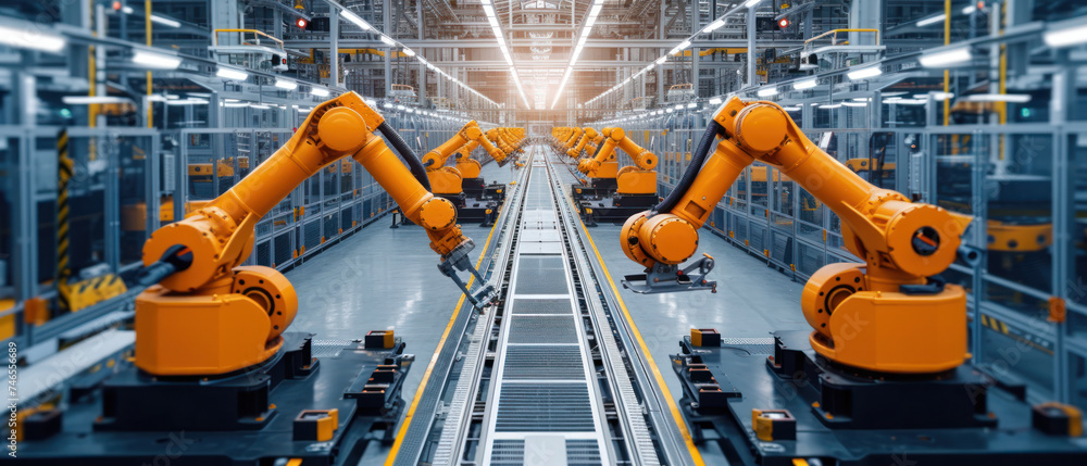 Poster automated robotics arms efficiently assembling a car on a production line, showcasing precision and 