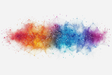 Obraz premium Abstract futuristic wave with colorful lines connecting dots. digital data communication background, cyber plexus design. Big data visualization.