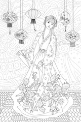 coloring book page for adults and kids. Beautiful chinese girl i - 746556618