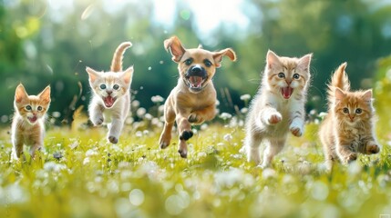 A field serves as the backdrop as a group of adorable dogs and cats happily leap and race around. - obrazy, fototapety, plakaty