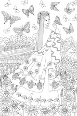 coloring book page for adults and kids. Beautiful asian girl in - 746556674