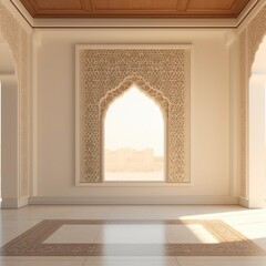 a large empty white frame mockup in a room,regal distinct Indo-Islamic architecture style, sunlight warm with generative ai