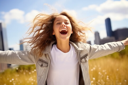 Excited happy girl feeling like a winner, happy on a bright sunny day, against the backdrop of a defocused modern city