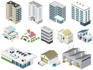 Isometric 3D buildings color vector icon illustration design collection	